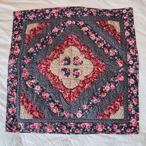 Vintage Handmade Floral Patchwork Hanging Quilt in Navy, Pinks & Maroon, 36"x36"